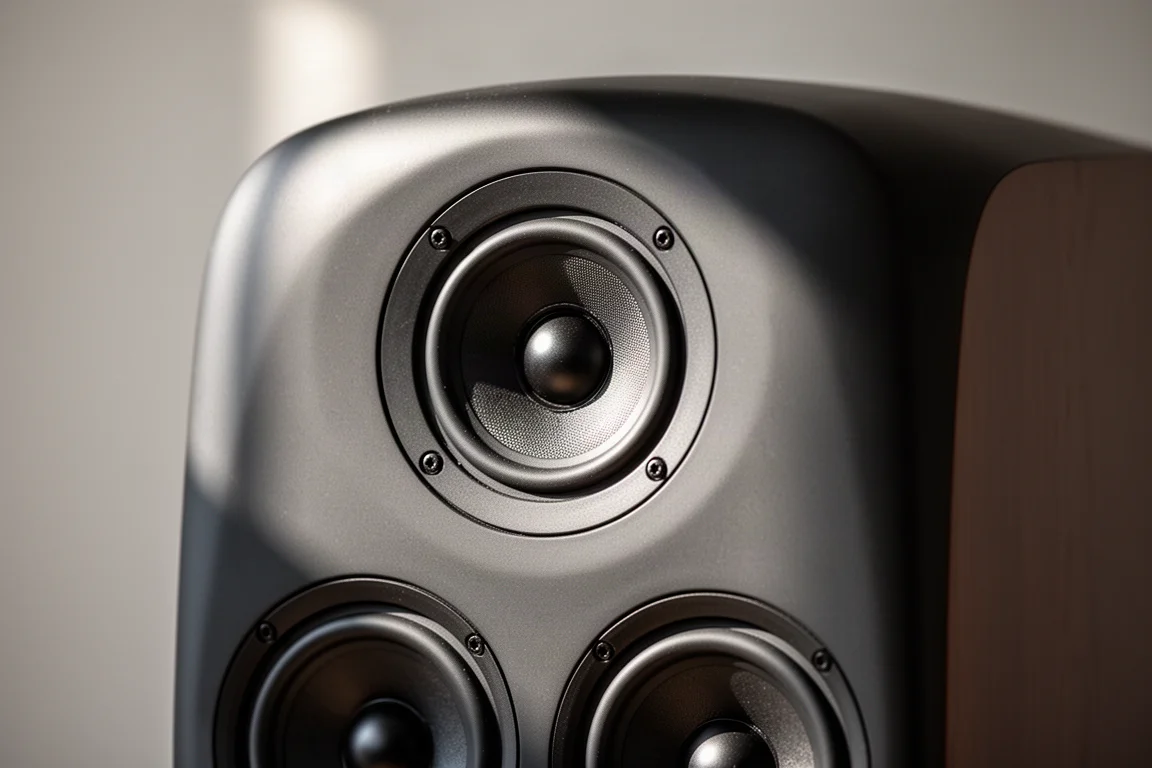Close-up of a floorstanding speaker driver array with a central tweeter inside a midrange cone
