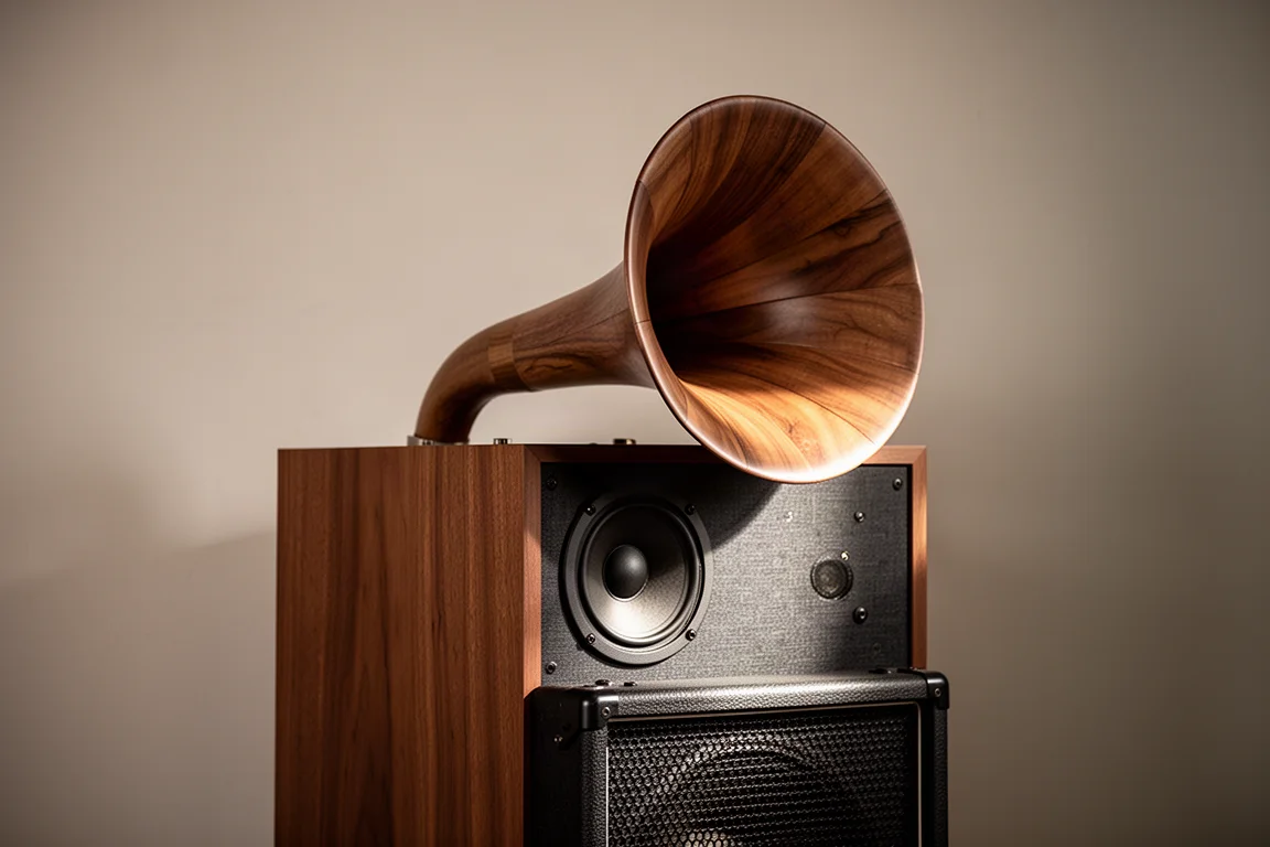 Large wooden horn mouth above a dark bass cabinet in a softly lit room