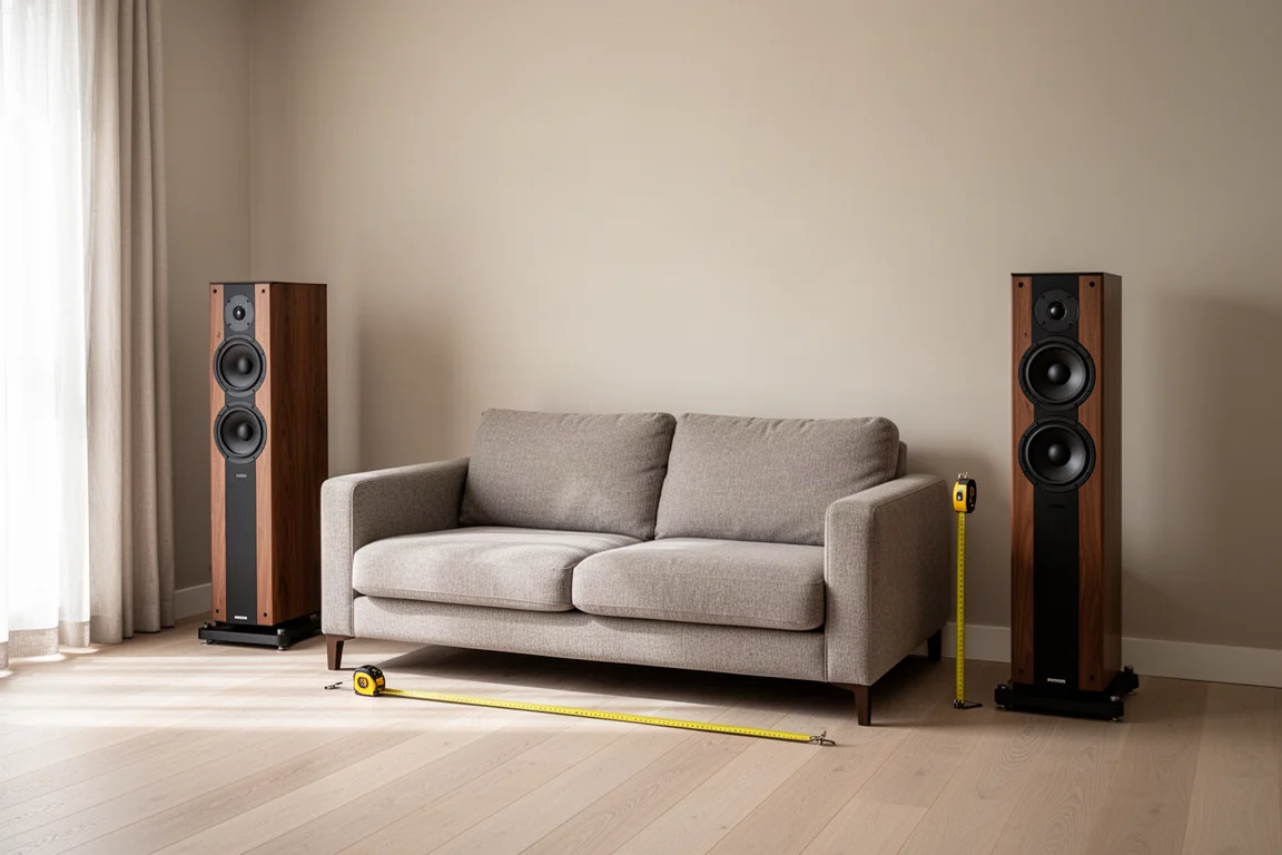 Floorstanding speakers pulled clear of the wall with a sofa at the listening position