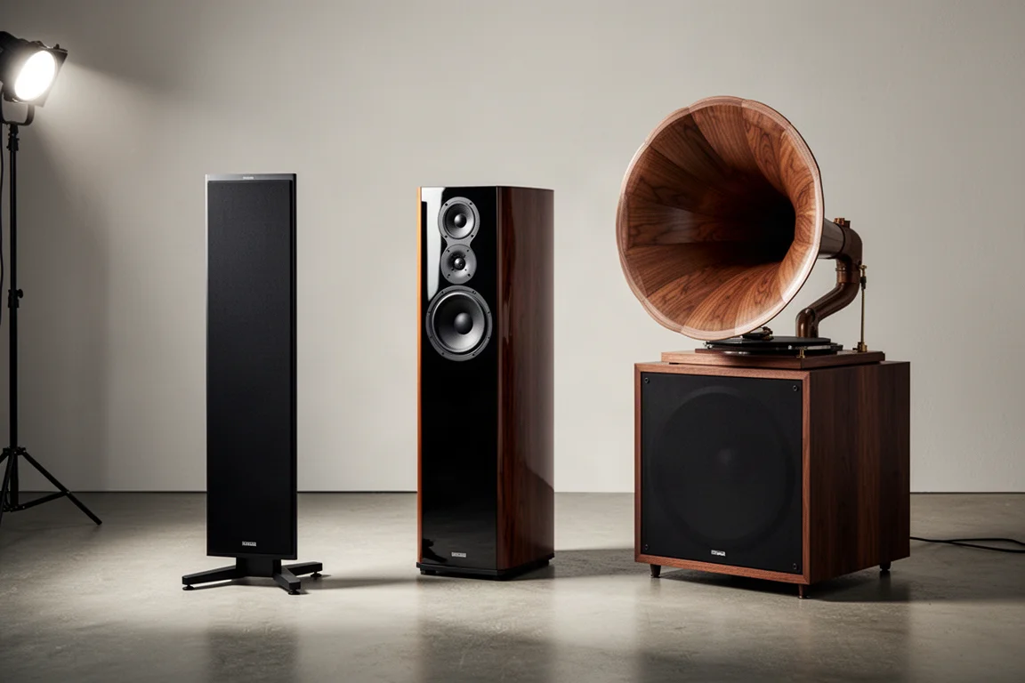 Three different loudspeaker designs arranged on a concrete floor in a minimal room