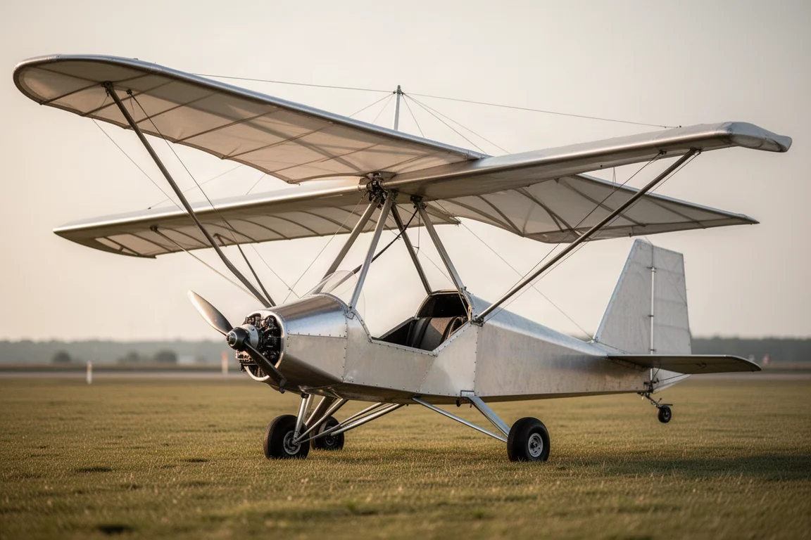 Ultraléger monoplace à aile haute sur une pelouse avec détail du cockpit ouvert