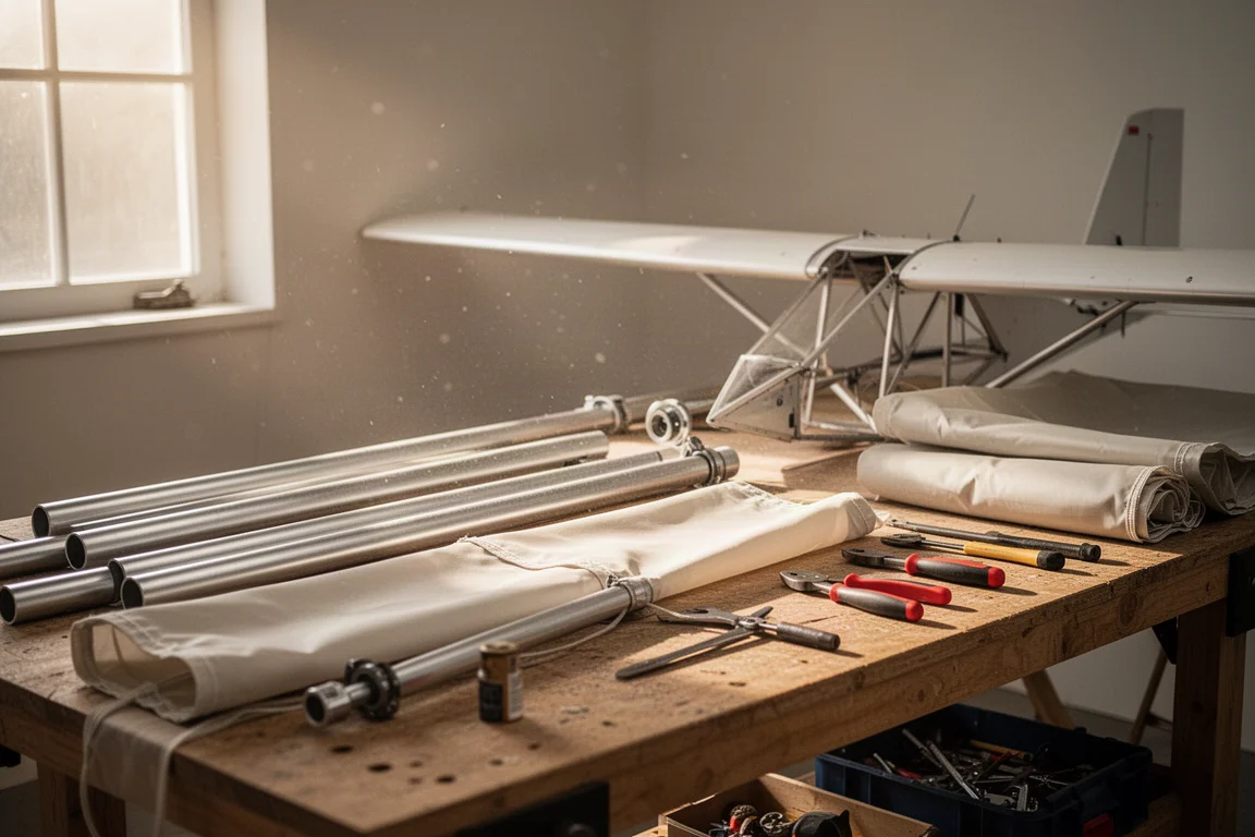 Atelier de jardin avec des pièces d'ultraléger et des outils disposés sur un établi