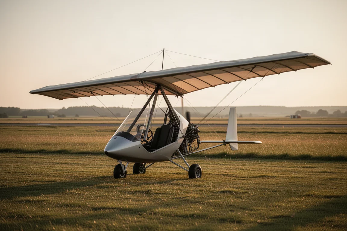 Small open-frame ultralight aircraft on grass beside a rural airstrip at golden hour