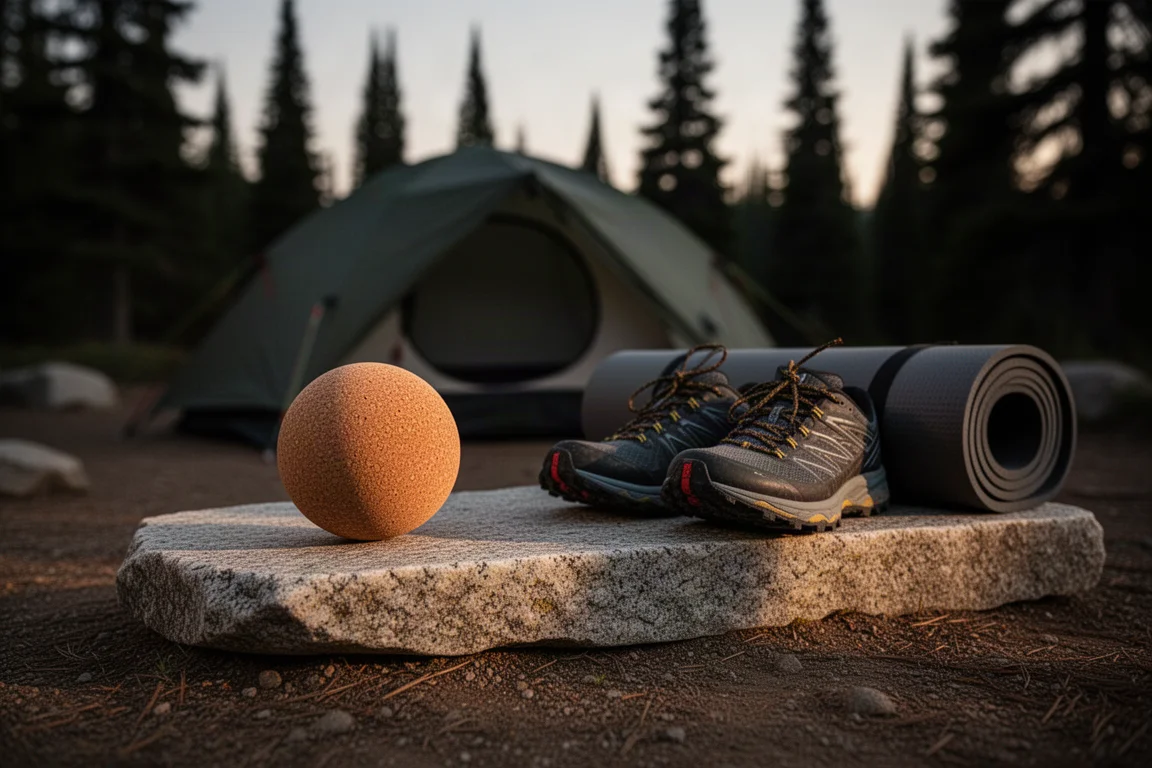 Bola de massagem de cortiça sobre granito ao lado de tênis de trilha em um acampamento ao anoitecer