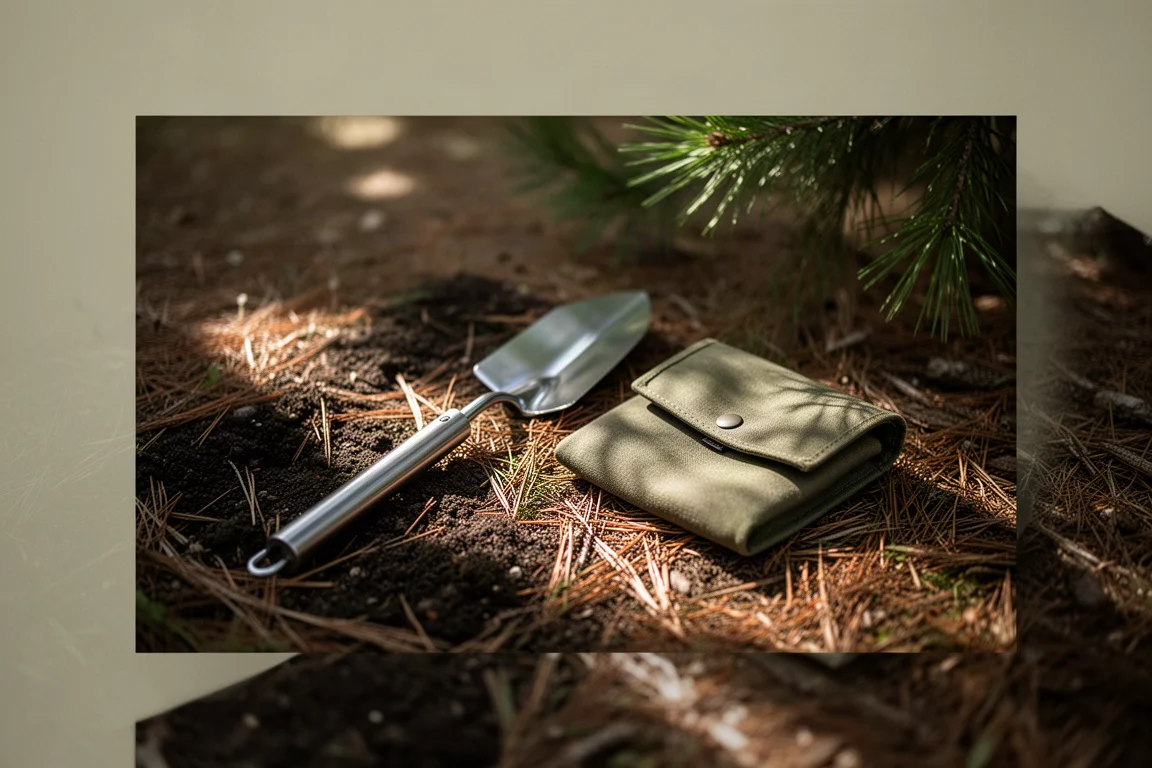 Pá de jardim e bolsa de tecido dobrada no chão da floresta com luz filtrada