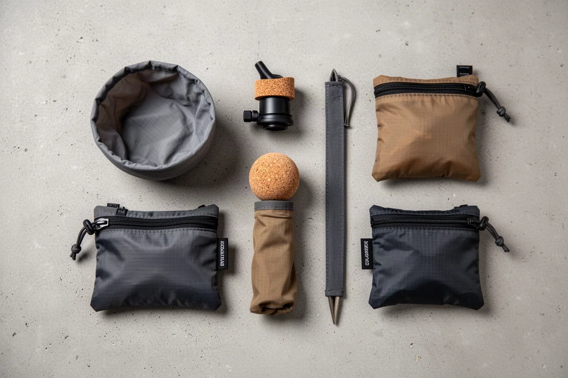 Overhead flat-lay of six ultralight backpacking accessories on concrete