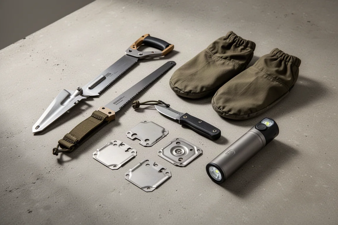 Six ultralight backpacking items arranged on a matte concrete surface