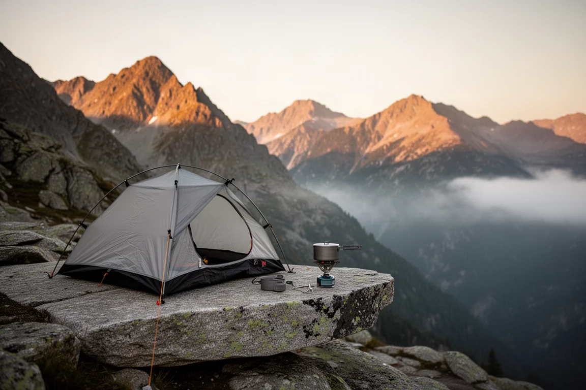 Tente légère et réchaud de camping compact disposés sur un replat de granit au crépuscule en montagne