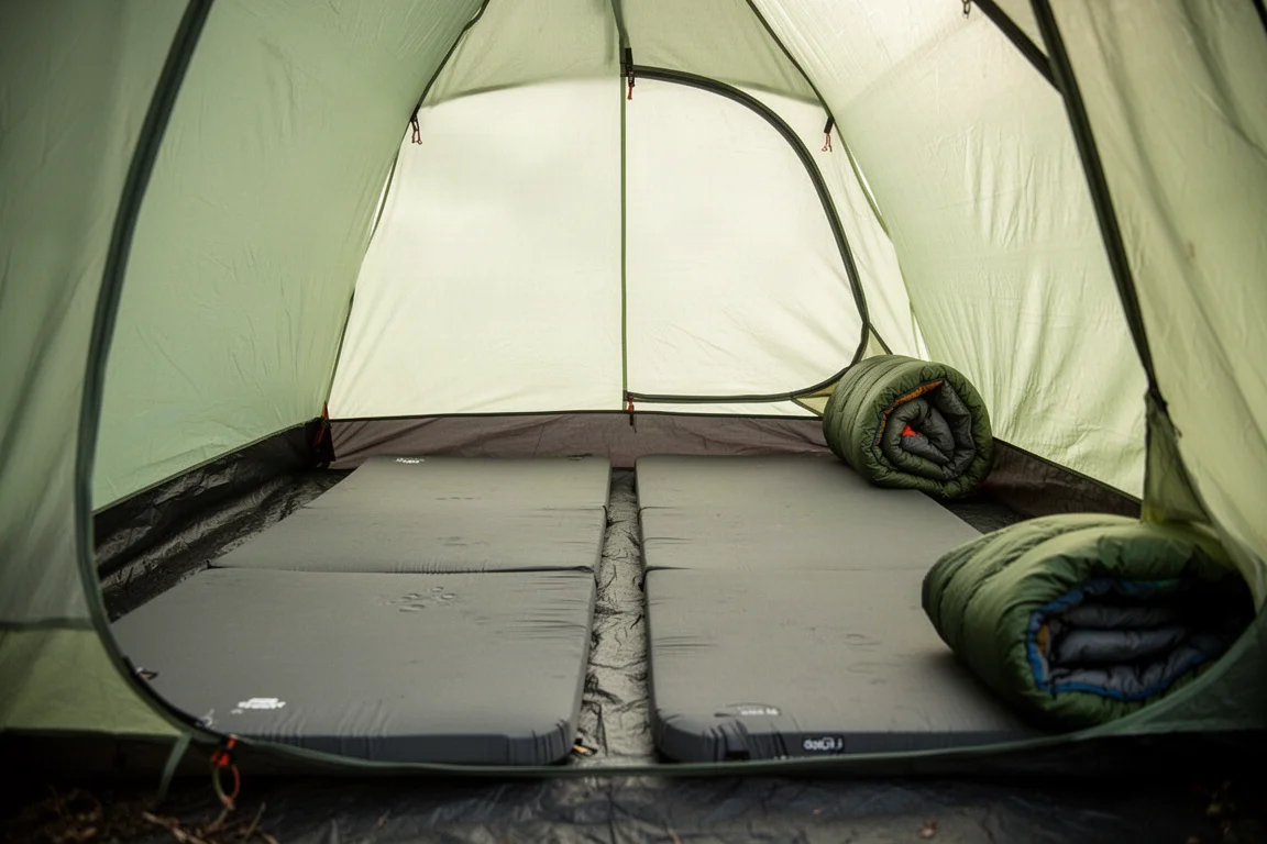 Intérieur d'une tente légère pour deux personnes avec deux matelas de couchage larges côte à côte