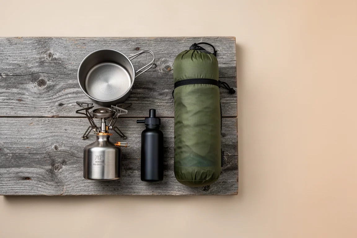 Vue de dessus à plat du matériel de cuisine et de couchage ultraléger sur du bois gris patiné