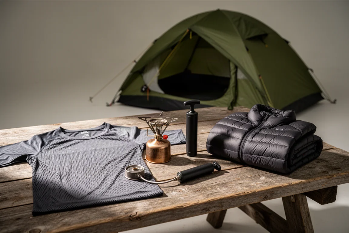 Ultralight camping gear arranged on a wooden camp table with a lightweight tent behind