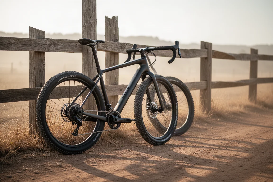 Aerodynamisk gravelcykel lutad mot ett trästaket intill en torr jordbana
