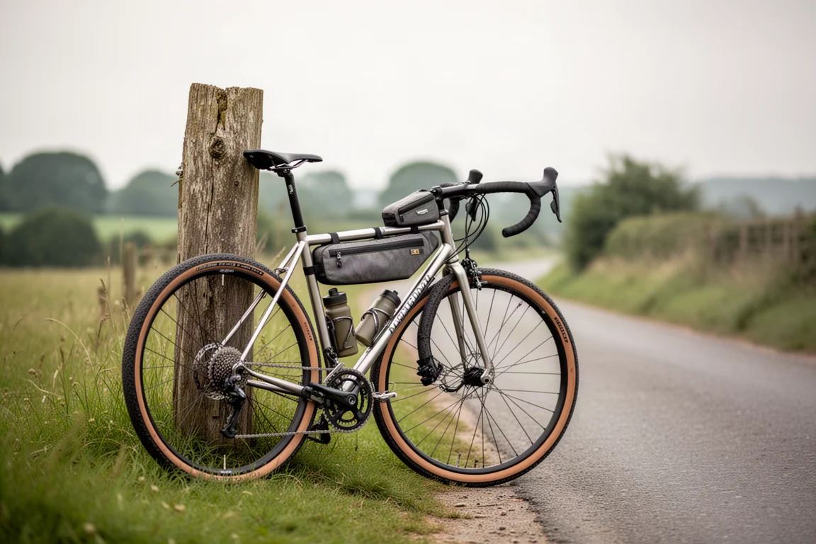 Bici gravel appoggiata a un palo di legno accanto a una tranquilla strada di campagna