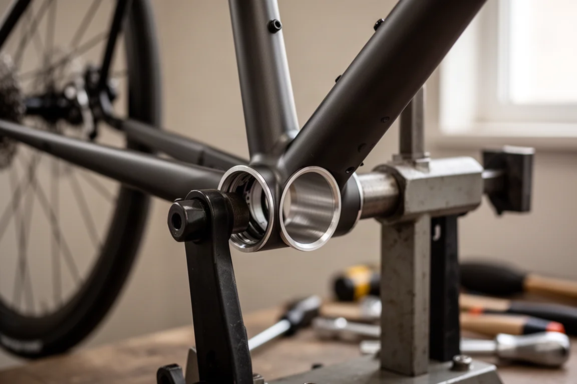 Primo piano della scatola del movimento centrale di una bicicletta su un cavalletto da officina