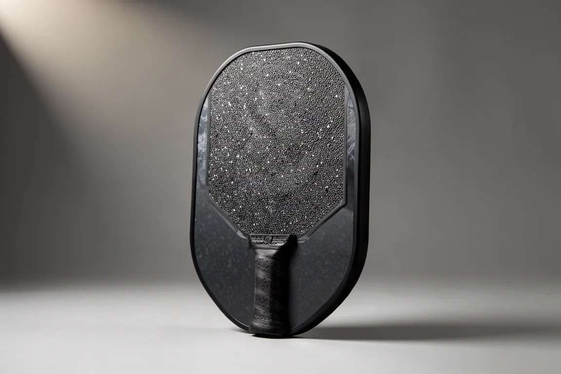 Three pickleball paddles arranged side by side on a concrete surface