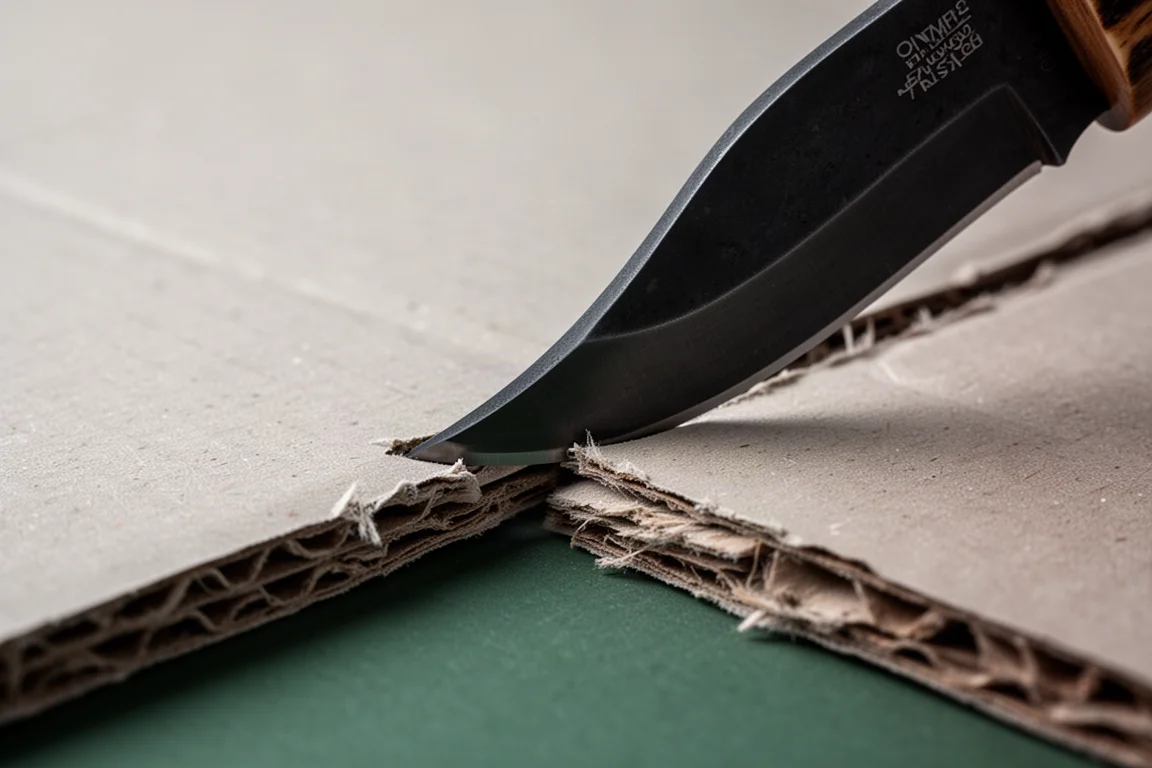 Nahaufnahme der gebogenen Klingenspitze eines Hawkbill-Messers beim Anritzen von Karton