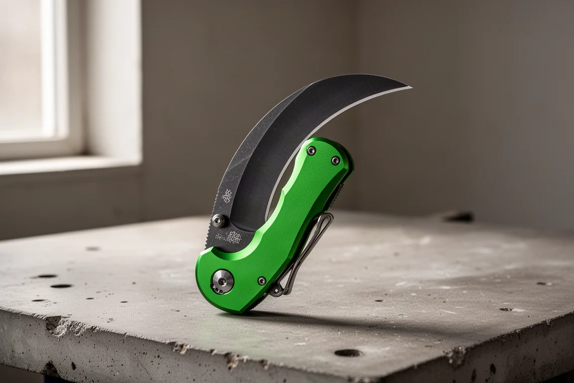 Folding hawkbill knife with bright green aluminum handle on a concrete workbench
