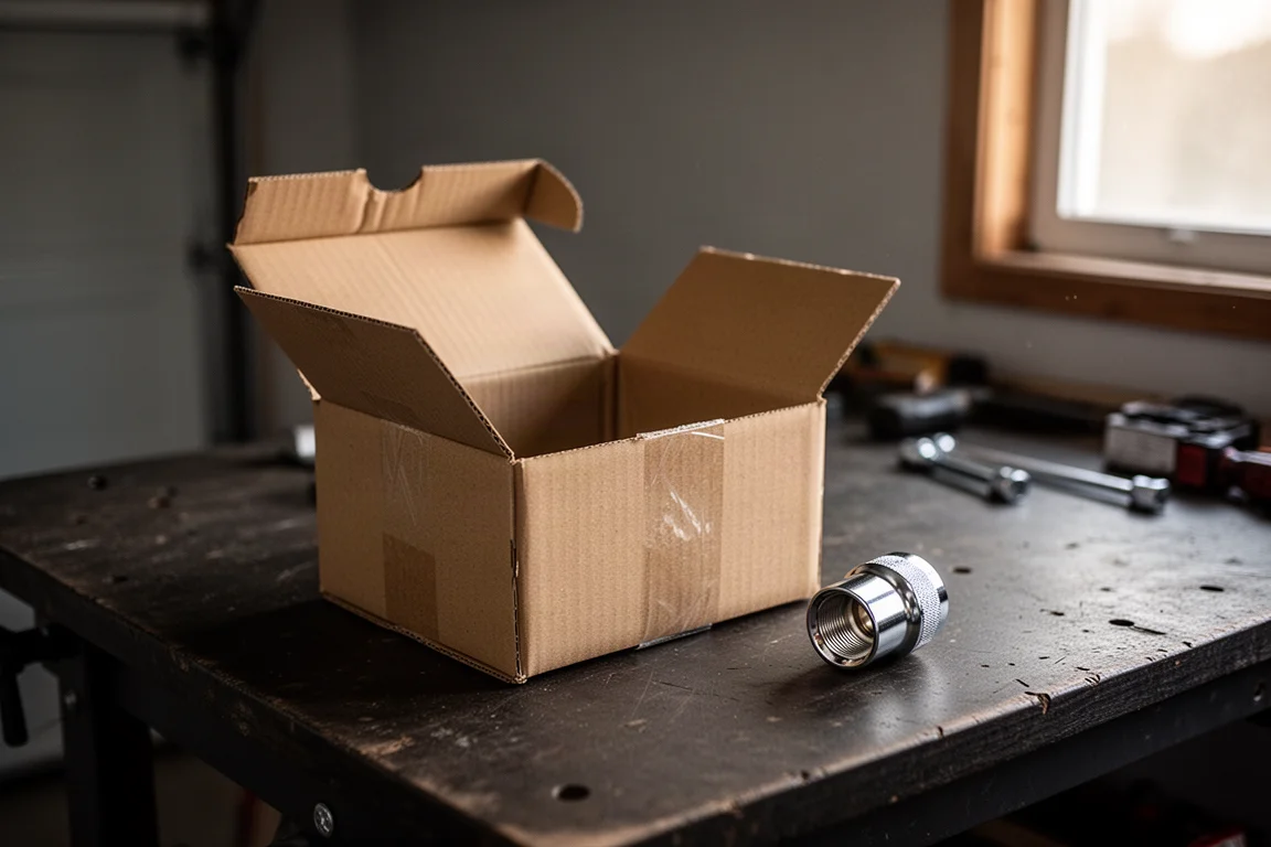 A chrome socket resting on a garage workbench next to a cardboard shipping box
