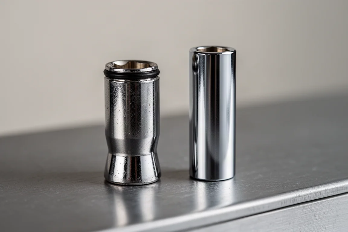 Close-up of two chrome sockets side by side showing slight differences in taper