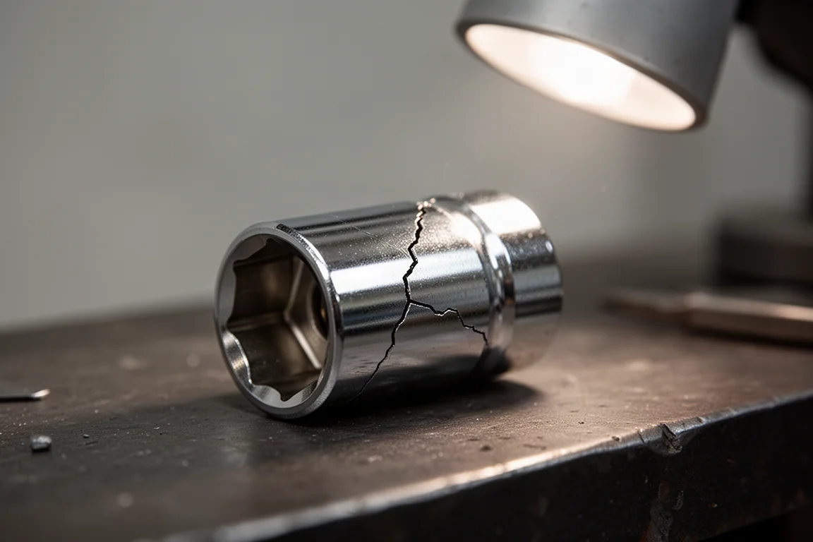 A cracked chrome socket held under bright workshop lighting showing a visible crack line