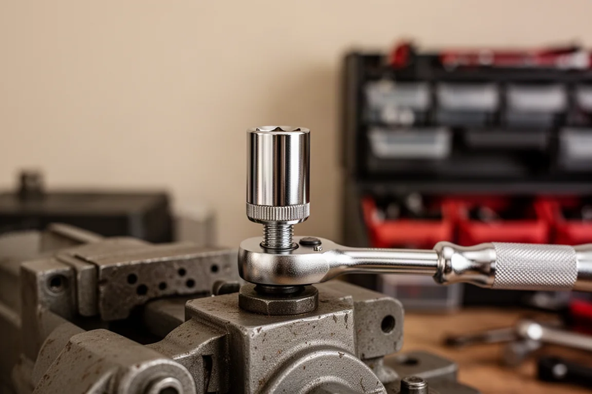 Socket being fitted onto a bolt on a mechanical assembly in a workshop