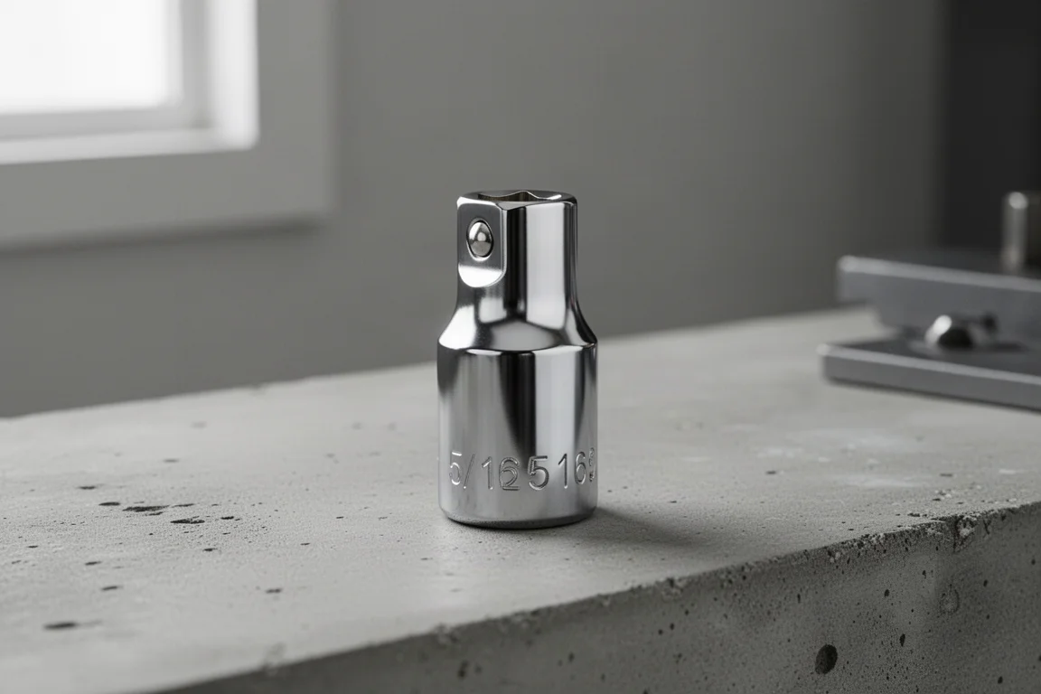 Chrome SK Tools 5/16 socket standing on a concrete workbench