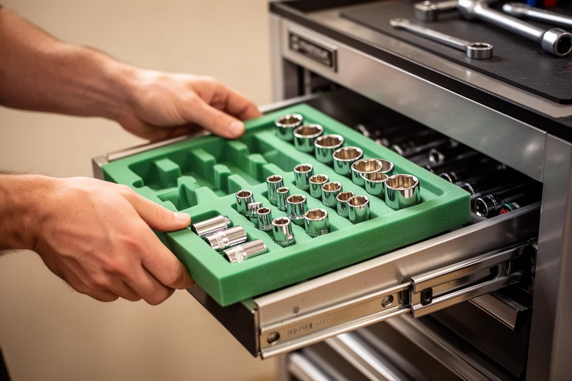 Technician's hands sliding a green EVA foam socket organizer into a metal tool chest drawer