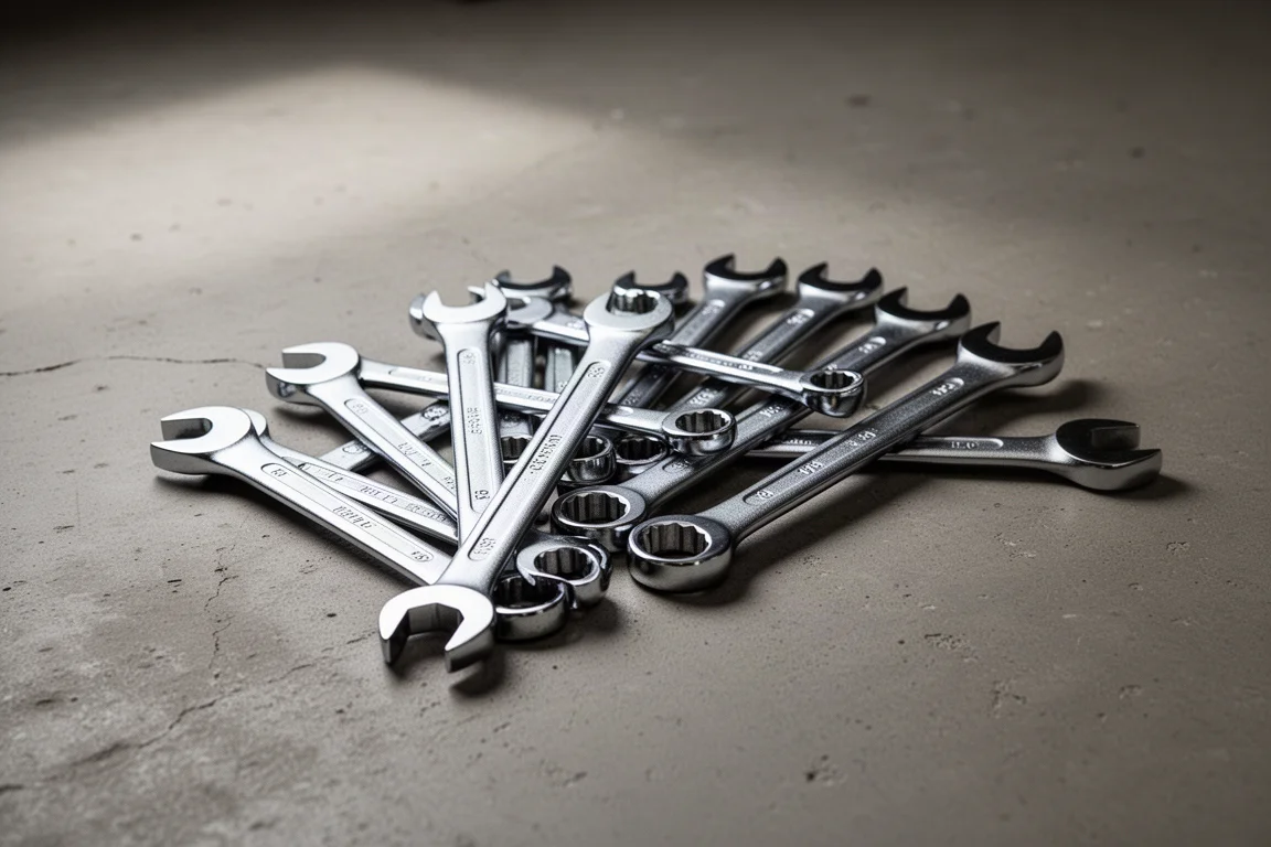 Polished chrome combination wrench set fanned out on a concrete workshop surface
