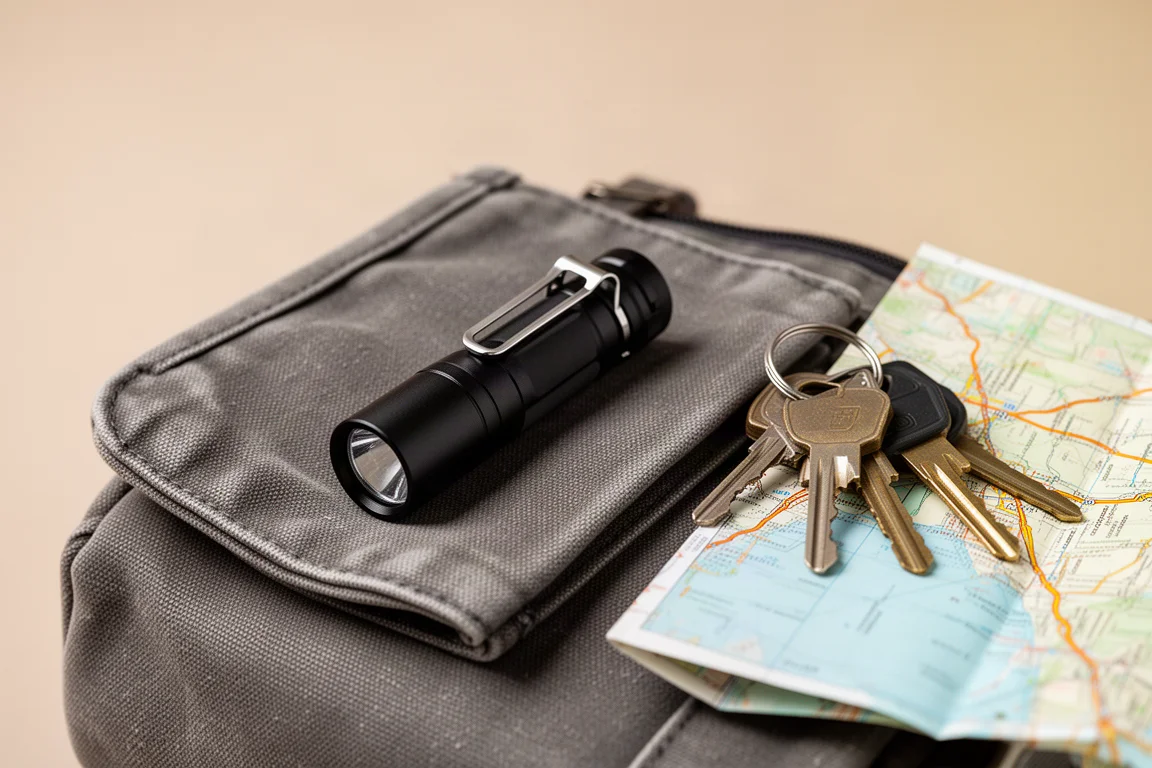 Kompakte Taschenlampe in der Tasche geclippt neben Everyday-Carry-Gegenständen