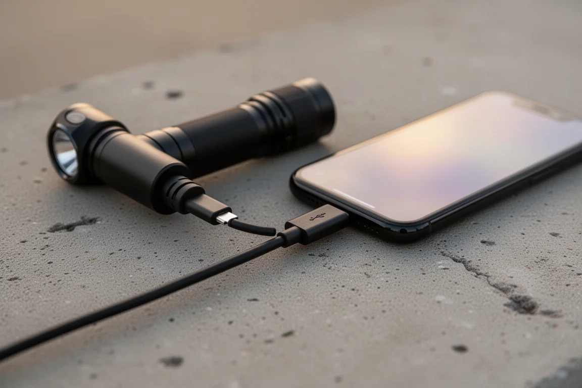 USB-C-Kabel am Heck einer Taschenlampe angeschlossen, das ein Smartphone lädt