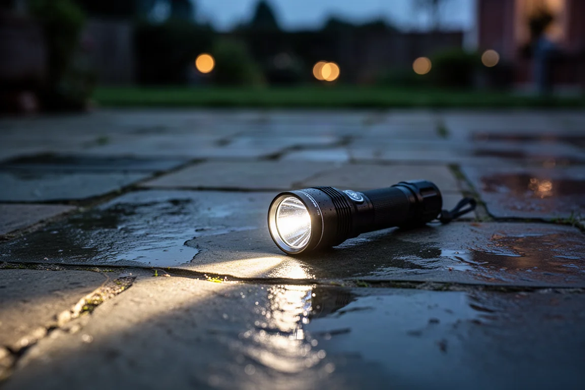 Lichtstrahl einer Taschenlampe schneidet bei Dämmerung über eine nasse Oberfläche