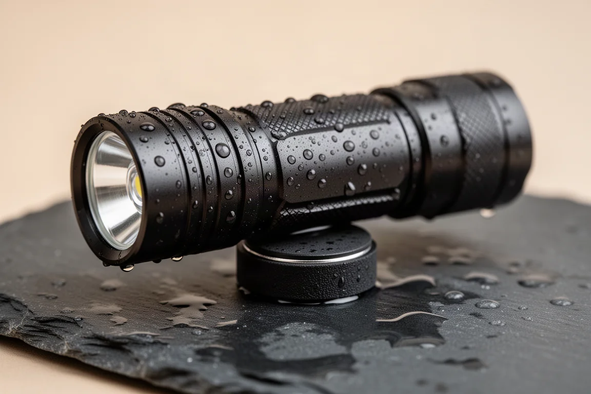 Wassertropfen perlen auf dem eloxierten Gehäuse einer Taschenlampe ab