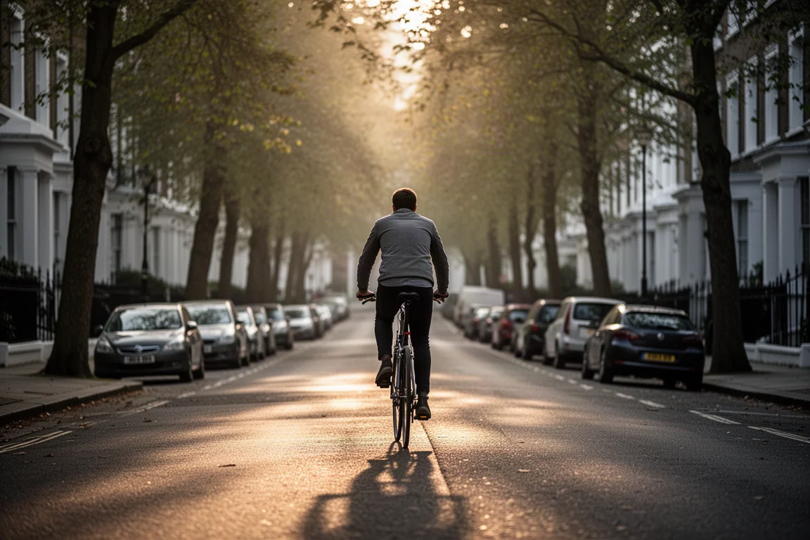 Pendler fährt im Morgengrauen eine steile, von Bäumen gesäumte Stadtstraße hinauf