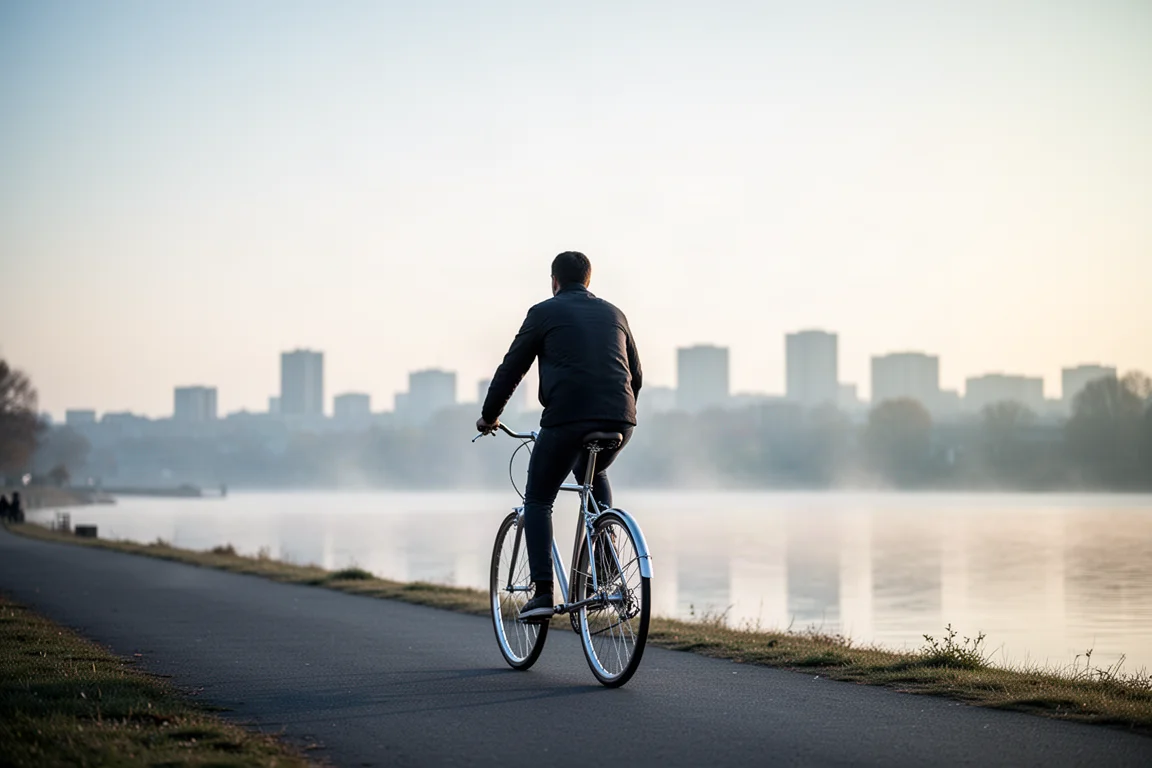 Fahrer auf einem Fahrrad mit Stahlrahmen auf einem Uferweg im frühen Morgenlicht