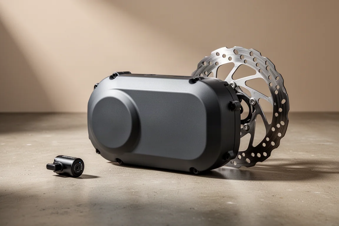 Compact grey e-bike drive unit beside a large steel disc rotor on a concrete surface