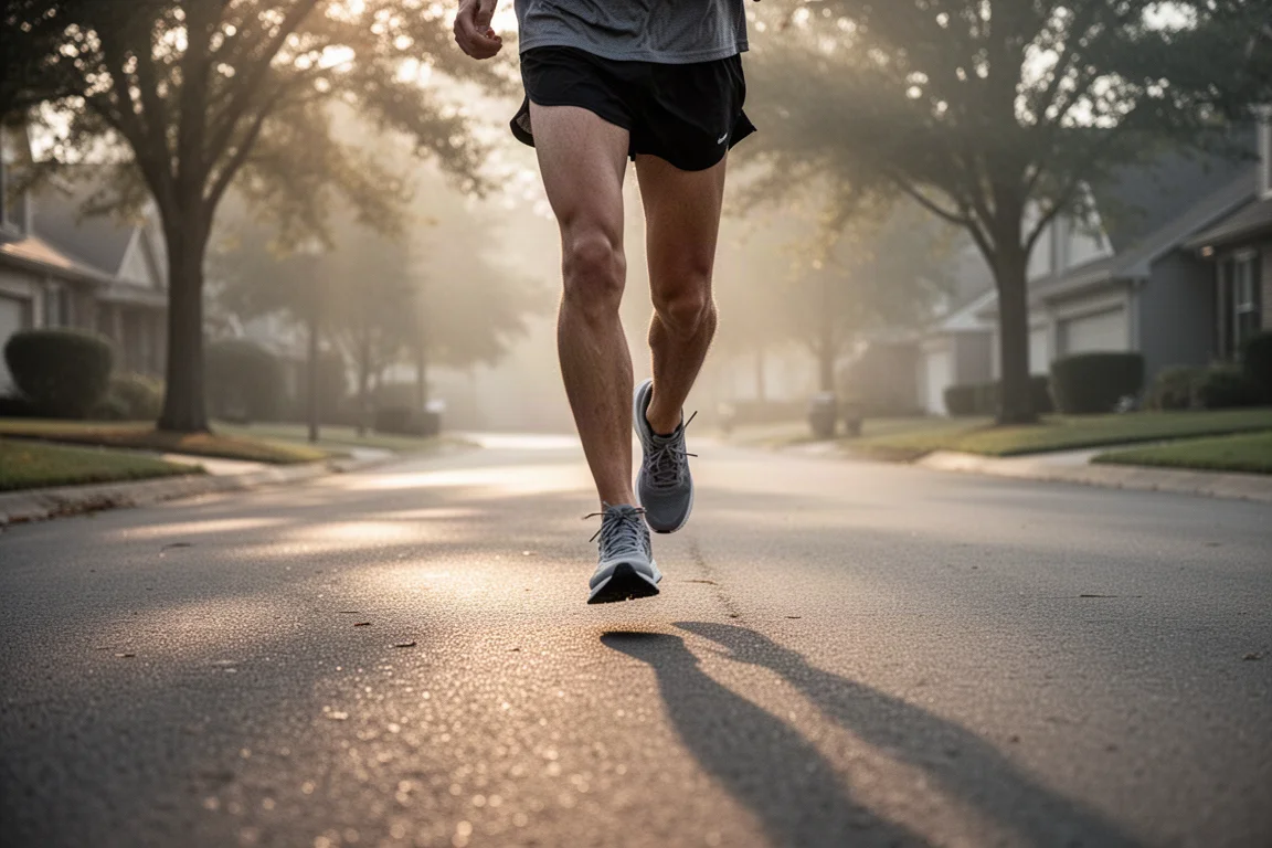 Tênis de corrida max cushion alinhados em um piso de madeira