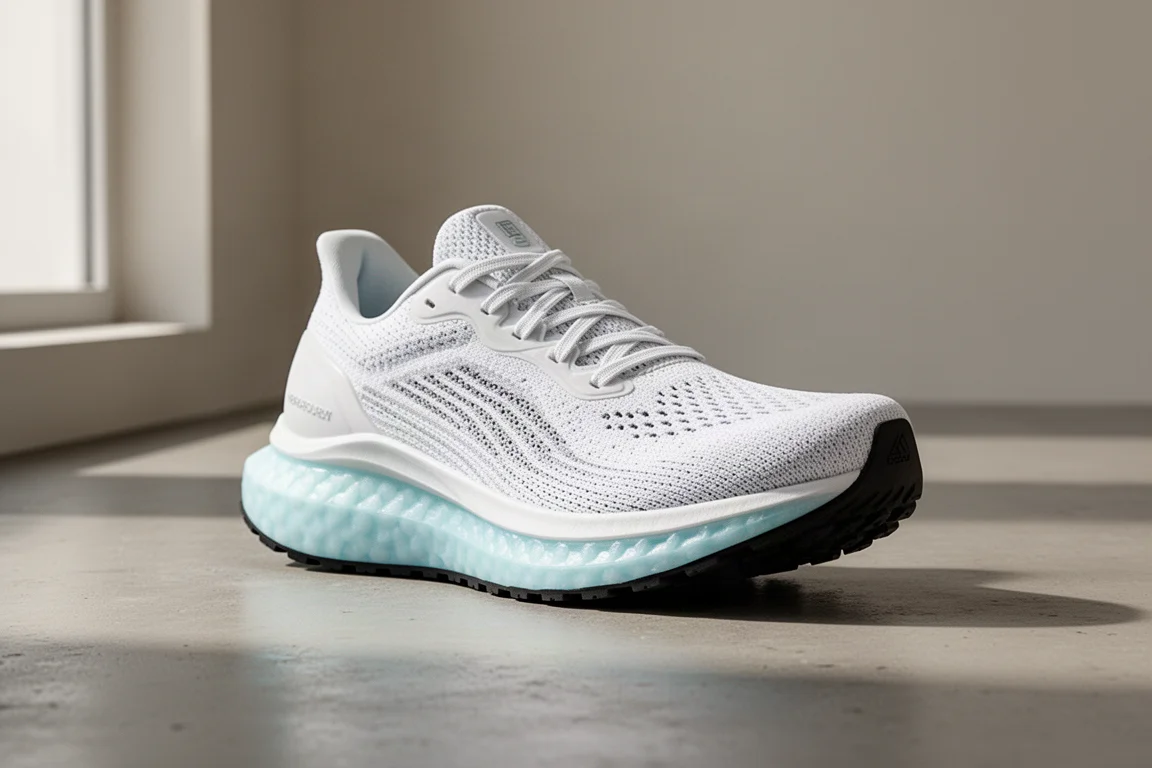 Skechers Aero Burst Laufschuh mit dicker gedämpfter Mittelsohle auf Betonoberfläche