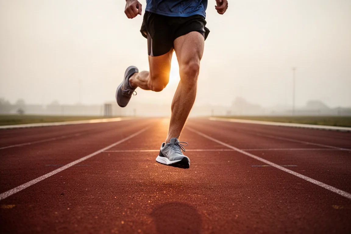 Biegacz utrzymujący tempo na otwartym torze lekkoatletycznym o złotej godzinie
