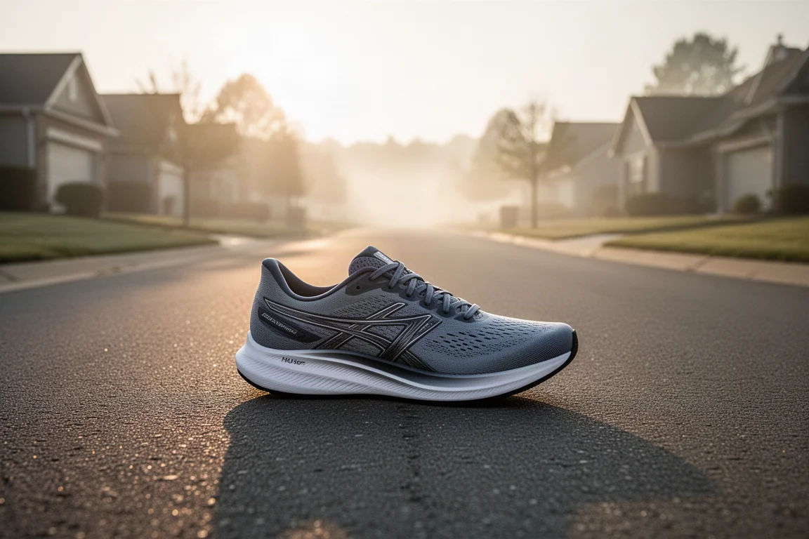 Scarpa da running speed leggera su una strada di periferia tranquilla all'alba