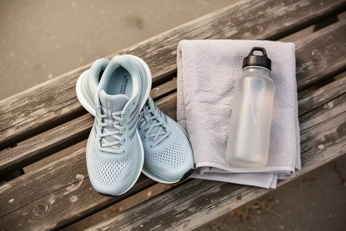 Scarpe da running appoggiate su una panca di legno dopo un allenamento