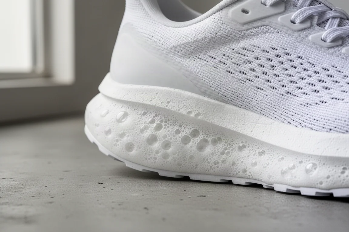 Nahaufnahme einer superkritischen Foam-Mittelsohle eines Laufschuhs bei weichem Licht