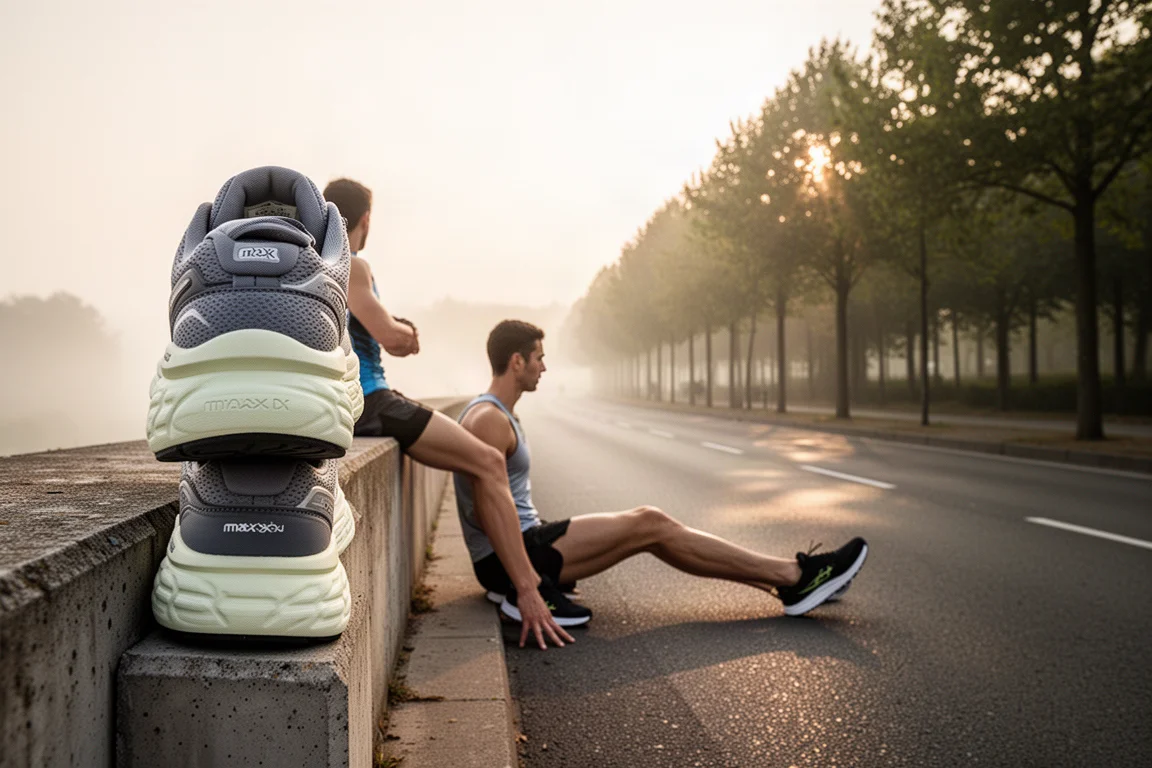 Läufer dehnt sich neben einem Laufschuh mit hohem Max-Cushion-Stack auf einer stillen Straße