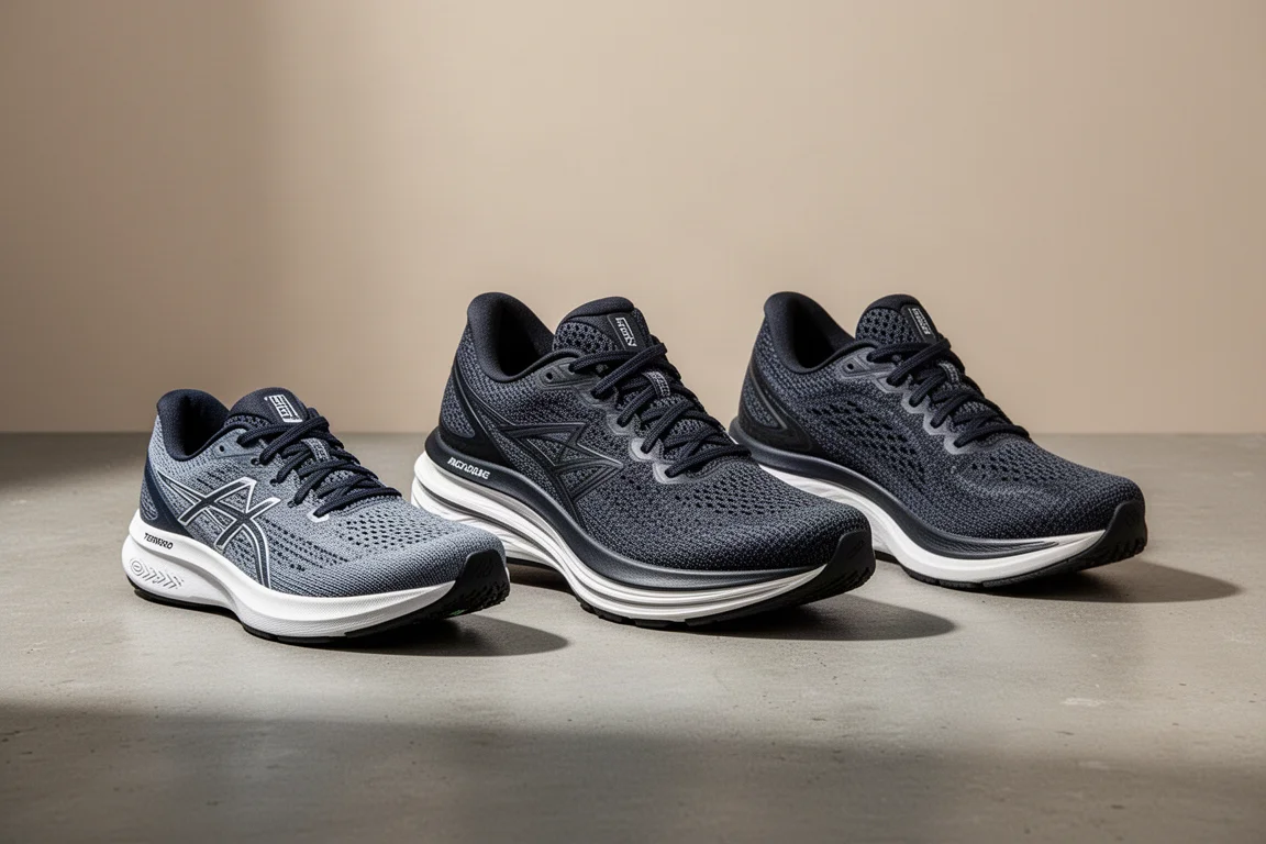 Three Skechers Aero series running shoes arranged in a row on a concrete surface
