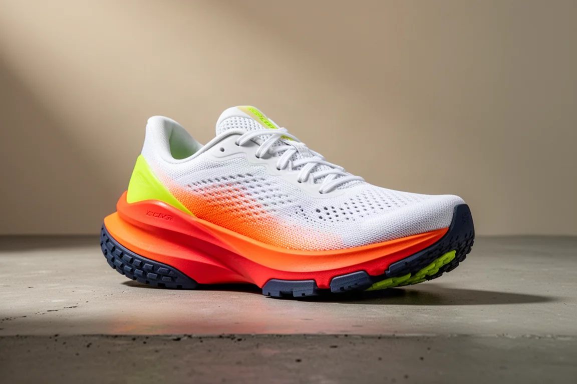 Skechers Aero Spark running shoe with white upper and orange gradient midsole on concrete