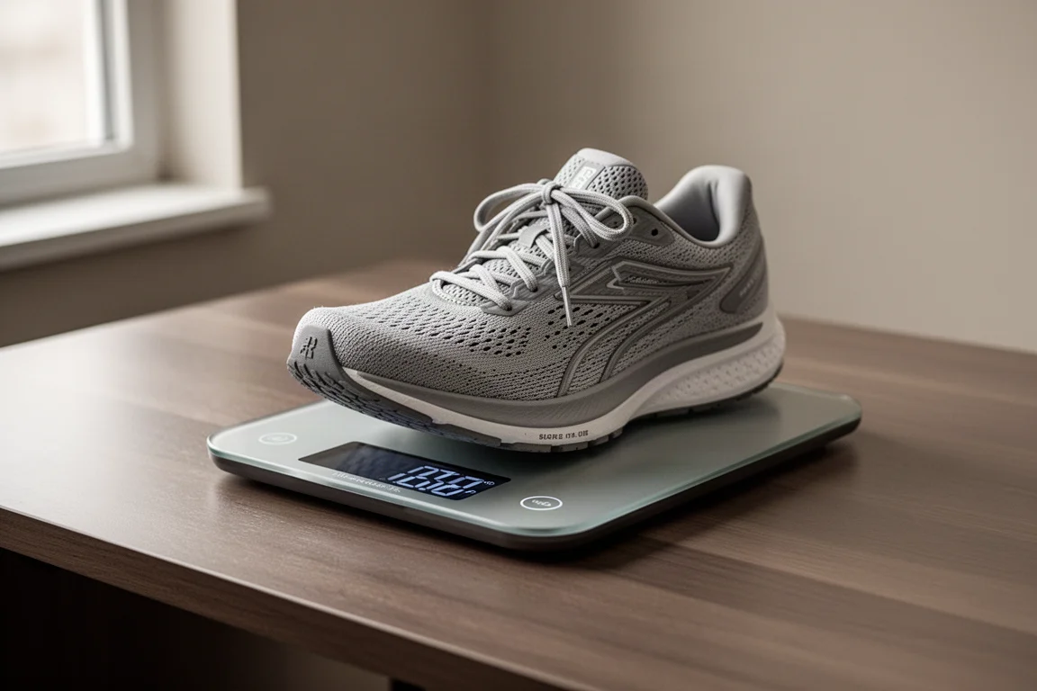 Chaussure de running posée sur une balance numérique dans un décor de studio