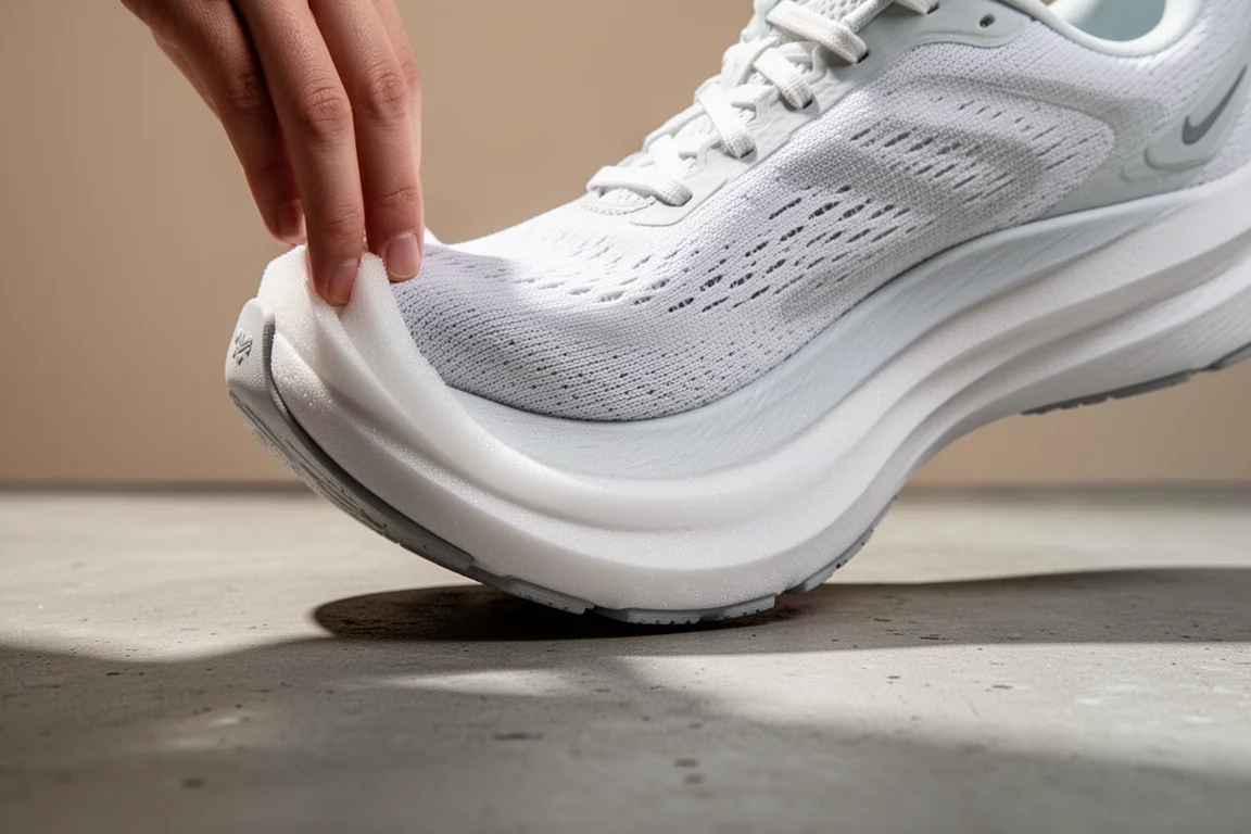 Mains pliant la semelle intermédiaire d'une chaussure de running à l'avant-pied pour montrer sa flexibilité