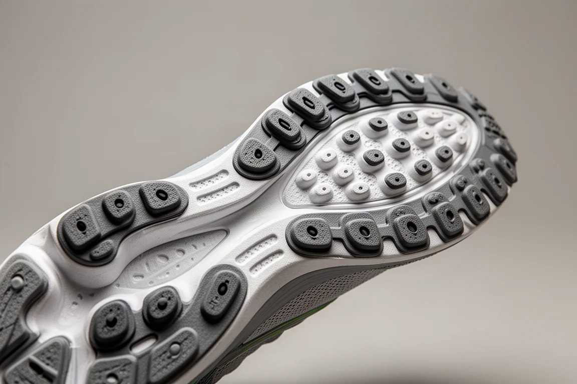 Gros plan sur une semelle extérieure en caoutchouc montrant les crampons et le motif d'adhérence