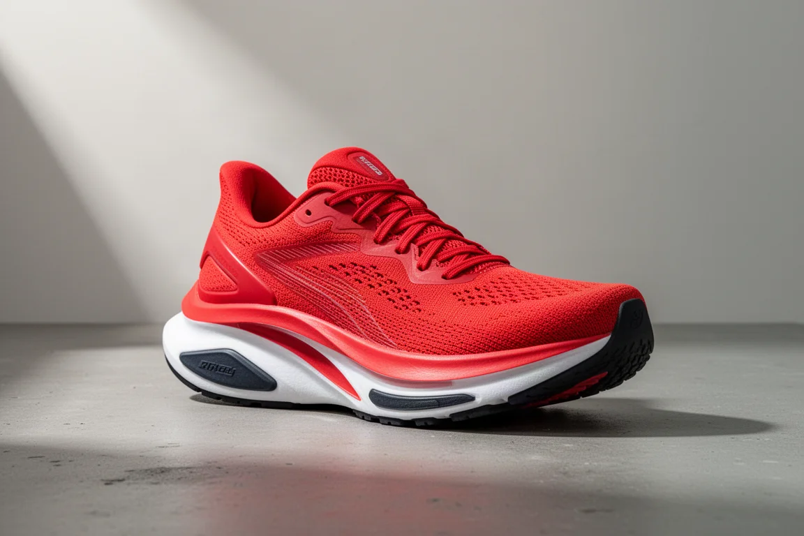 Bright red running shoe with aggressive rocker geometry on a concrete surface