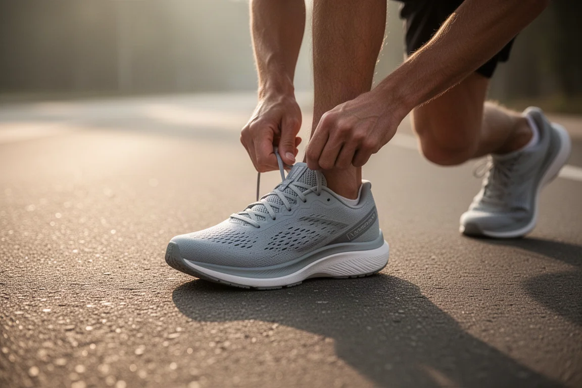 Runner lacing up a lightweight running shoe on a quiet road at sunrise