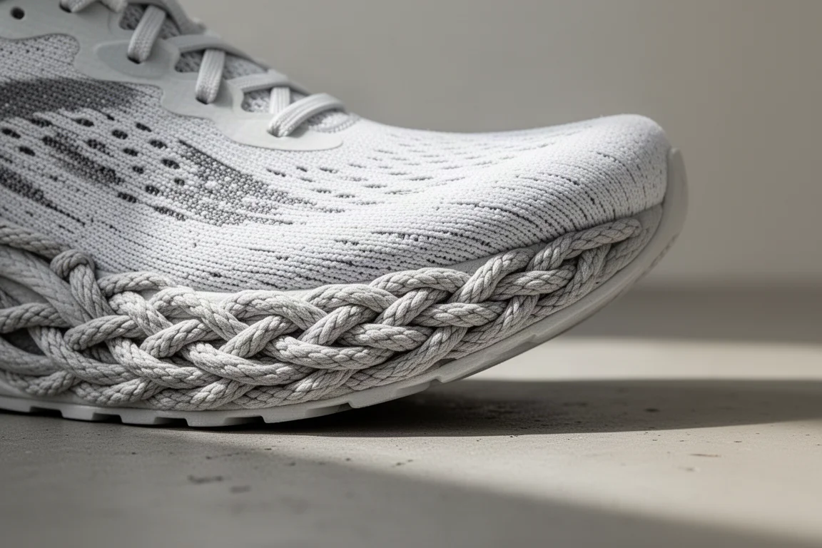 Close-up of braided-texture foam midsole on a running shoe